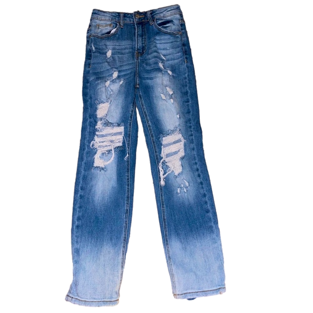 RISEN Jeans Distressed Two Tone Denim Straight Women Size 3 Boho Stretch Edgy - Picture 4 of 12